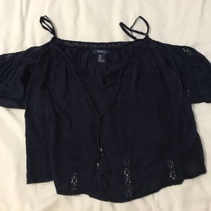 cold shoulder, spaghetti strap, navy crop top